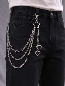 Multi-Layer Metal Pants Chain, Star & Heart Pendant, Unisex Fashion Clothing Decor Accessory - Silver - View 1
