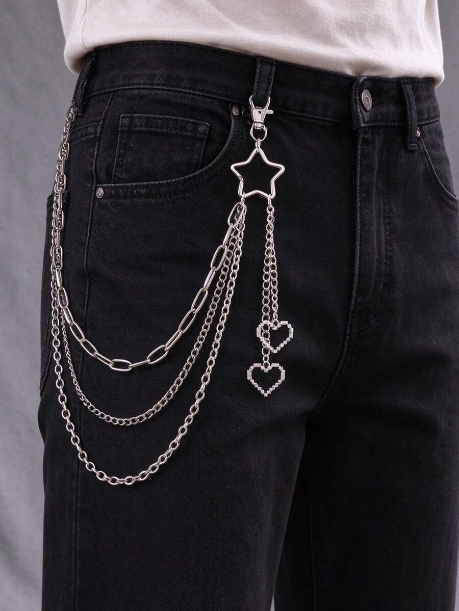 Multi-Layer Metal Pants Chain, Star & Heart Pendant, Unisex Fashion Clothing Decor Accessory - Silver - View 1