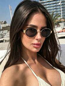 1pc Vintage Retro Oval Frame Metal Chain Decor Fashion Glasses For Women, Y2K UV Protection, Summer Beach Travel Vacation Party, Daily Outfit, Photo-Worthy, Gift Choice - Jinquan Tea - View 2