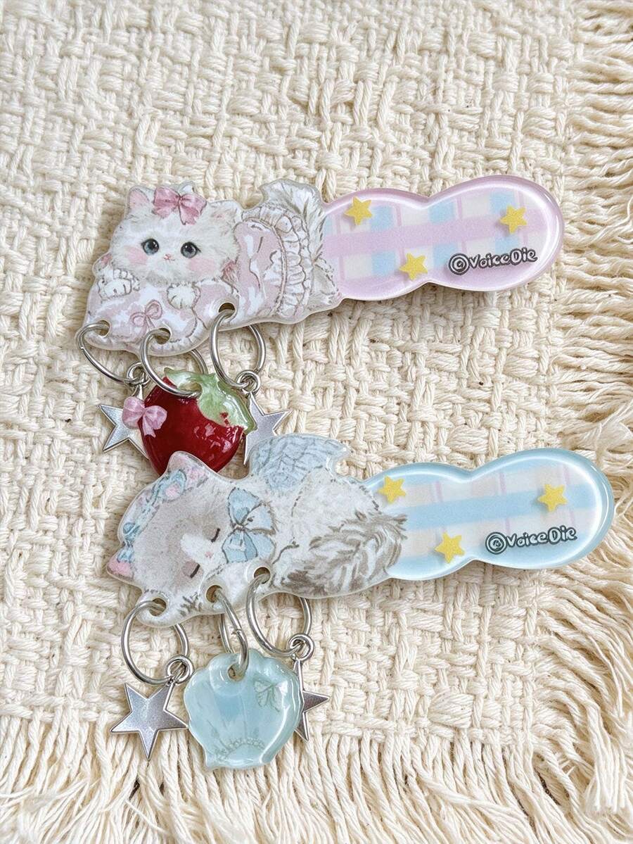 1pc Strawberry Hair Clip Versatile Star Blue Shell Fish Pendant Bangs Hair Accessory Side Clip - Multicolor - View 1