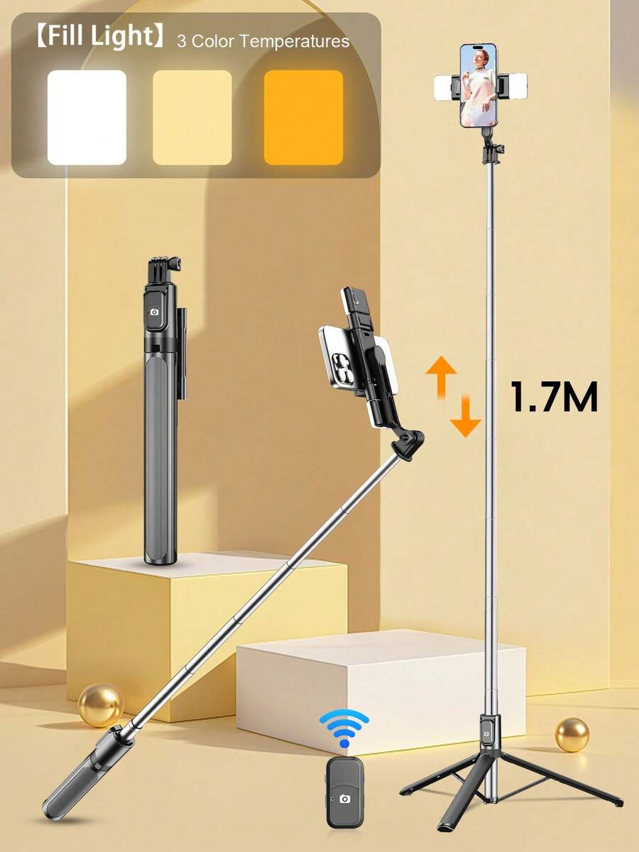 1.7-Meter Ultra-Light Selfie Stick With Three Brightness Lighting Functions, Equipped With Bluetooth Remote Control, Portable Design, Compatible With Iphone And Android Phones, Perfect For Travel And Group Photos - View 1