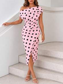 ChicMe Women's Polka Dot Print Asymmetrical Neckline Ruched Fitted Dress, Elegant Wrap Slit Midi Dress, Sexy Cocktail Party Outfit - Watermelon Pink - View 6