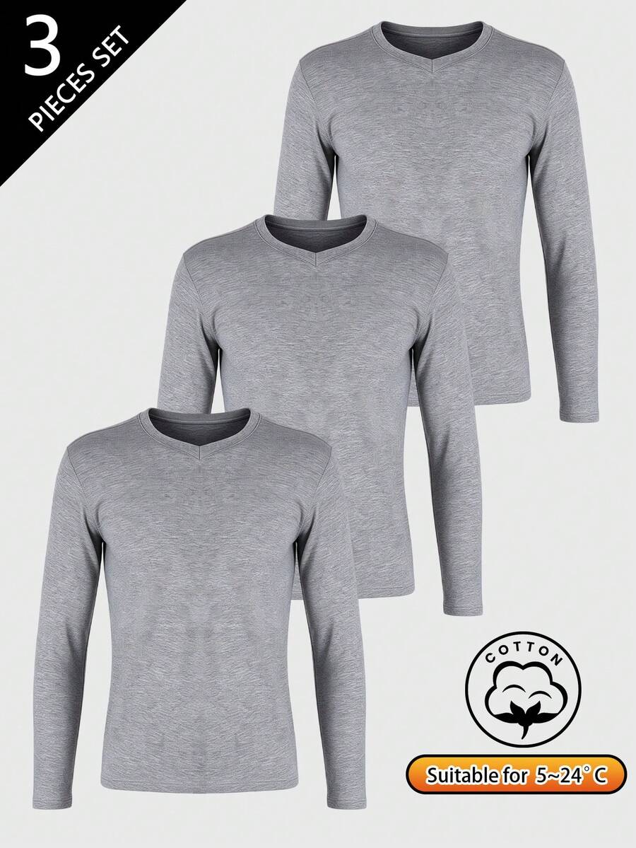 Norcotton Men's Autumn/Winter Solid Color Long Sleeve Thermal Underwear Base Layer 3pcs Set - Light Grey - View 1