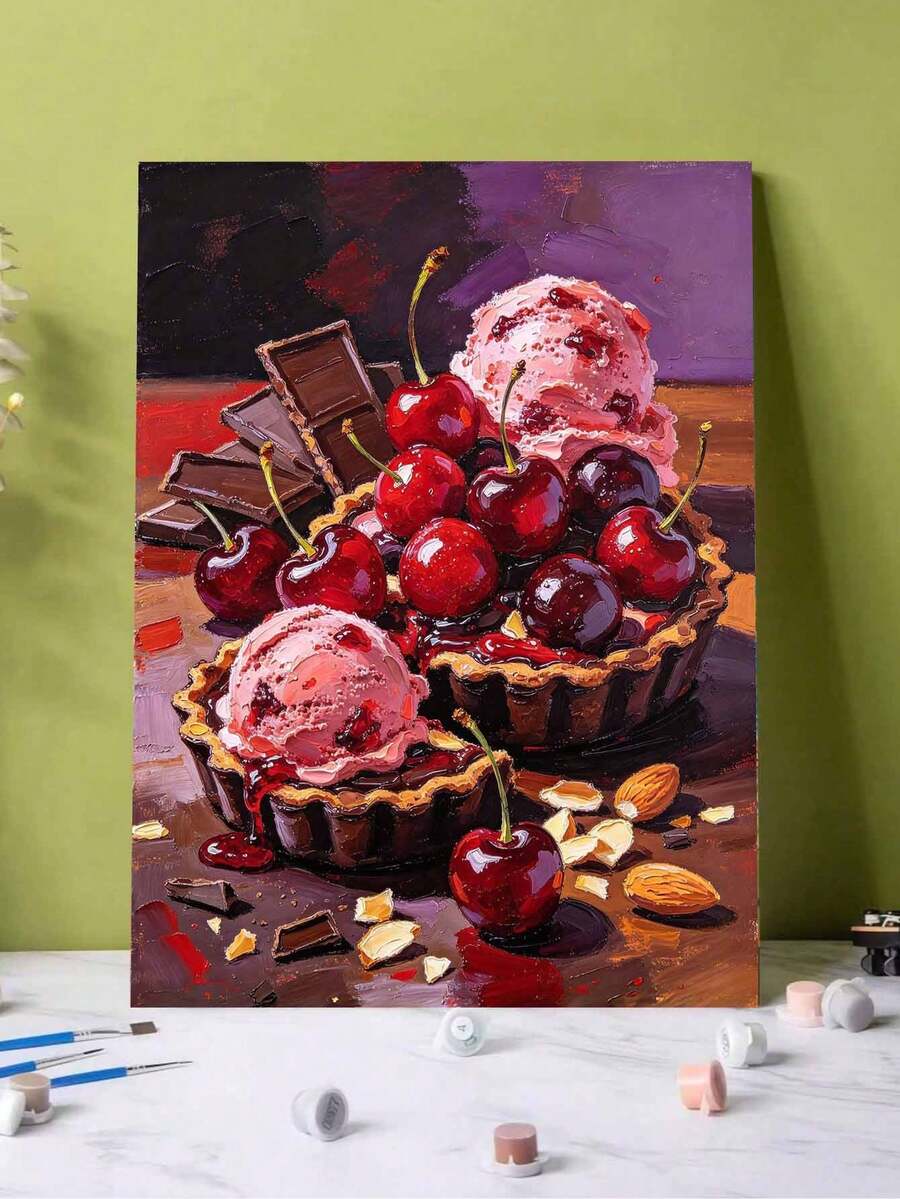 Adult & Beginner Digital Oil Painting Kit, Cherry Desserts, Easy Acrylic Painting Supplies (Includes Brushes & Paints), Suitable For Home Decor, Ideal Gift For Holiday.