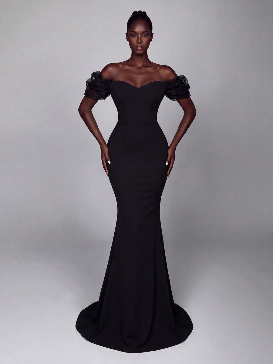 Elegant Off Shoulder Long Gown Ruffle Sleeve Fitted Mermaid Floor Length For Photo Shoot Beach Vacation Resort And Formal Evening - Black - View 1
