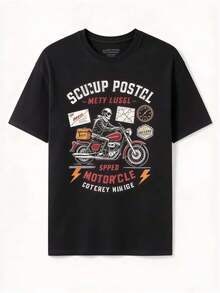 Men Vintage Gothic Biker Graphic T Shirt, Skeleton Rider Motorcycle Map Speedometer Print Loose Fit Short Sleeve Casual Daily Tee - Black - View 2