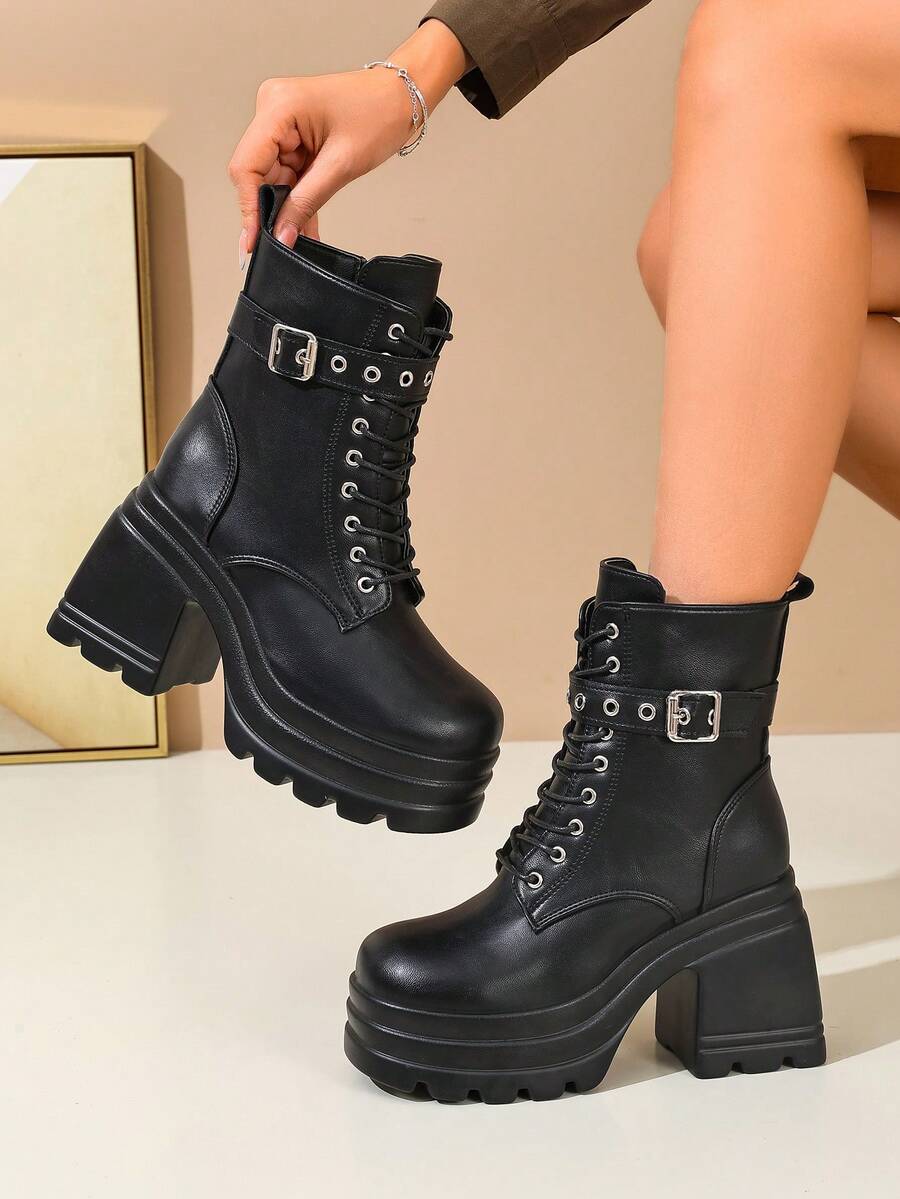 Women's Fashion Belt Buckle Side Zipper Metal Eyelet Ankle Boots - Black - View 1