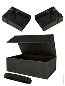 1pc (Includes Ribbon) Black Luxury Magnetic Gift Box, Foldable Rectangular Hard Box With Detachable Black Silk Ribbon, Reusable Large Gift Storage Box, Suitable For Wedding Favors, Birthday, Christmas, Bridesmaid Invitation, Business Packaging - Black - View 1