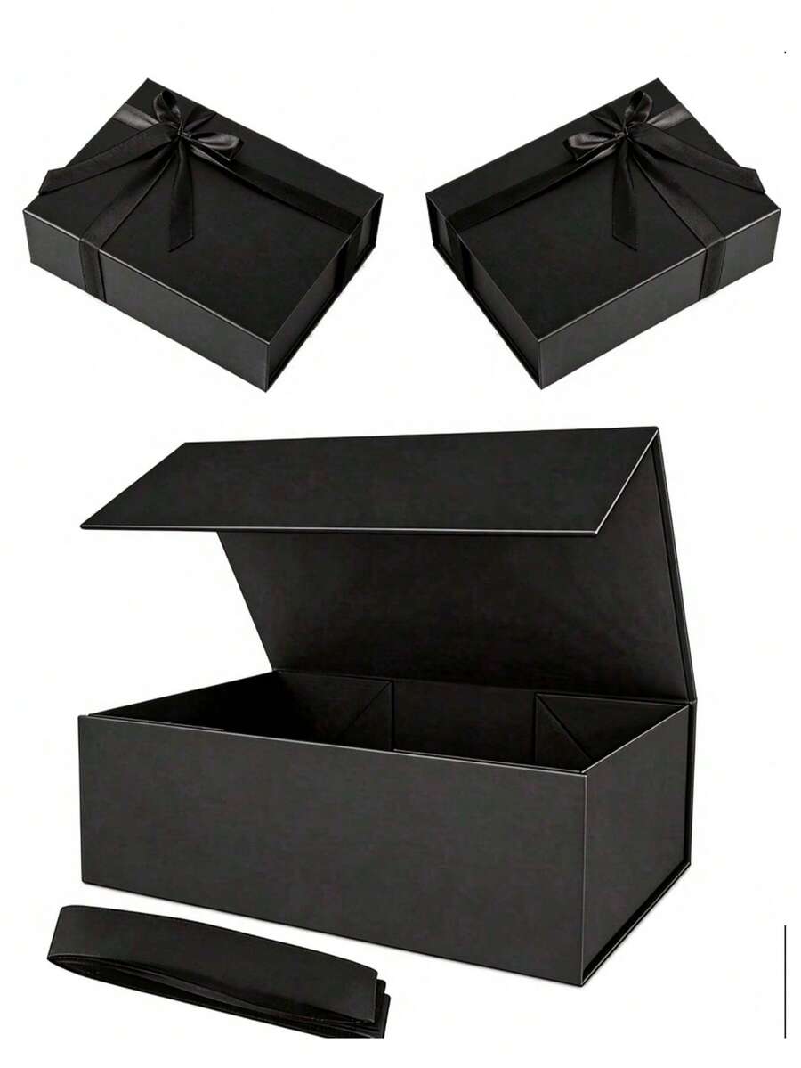 1pc (Includes Ribbon) Black Luxury Magnetic Gift Box, Foldable Rectangular Hard Box With Detachable Black Silk Ribbon, Reusable Large Gift Storage Box, Suitable For Wedding Favors, Birthday, Christmas, Bridesmaid Invitation, Business Packaging - Black - View 1