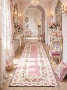 1pc Pink Floral Runner Rug, Thick Plush Carpet, Autumn/Winter Decorative Rug, Bedroom Decor, Home Decor, Living Room Rug, Washable Carpet, Christmas Gift - Multicolor - View 2