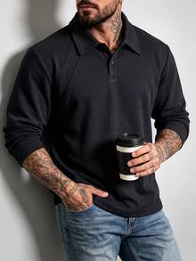 1pc Men's Black Polo Shirt, Turn-Down Collar, Double-Button Half-Placket, Raglan Ribbed Patchwork, Loose Curved Hem, Minimalist Mature Style, Long Sleeve, Suitable For Daily Commute, Street, Casual Outings - Black - View 6