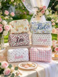 個性化刺繡化妝包 定製姓名 粉色花卉格紋絎縫化妝包 伴娘求婚禮物 - 彩色 - 查看 3
