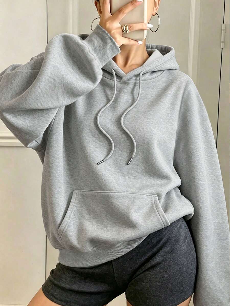 Women's Plus Size Casual Hoodie With Pockets, Minimalist Street Style, Autumn/Winter - Light Grey - View 1