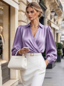DONICY Women's Elegant Satin Wrap Blouse, V-Neck Puff Long Sleeve Ruched Slim Fit Top, Autumn Commute Office Wear - Purple - View 1