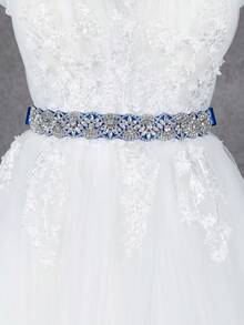 Handmade Rhinestone Bridal Wedding Dress Belt Blue Satin Cinched Waist Decor Luxury Bridesmaid Dress Waist Cincher Accessory - Blue - View 5