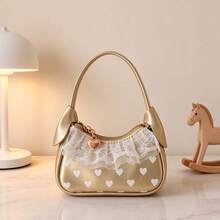 Girls' Sweet Heart Print Mini Handbag, Lace Trim Zipper Pouch, Multiple Colors Available, Princess Accessory Bag - A - View 9