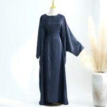 Elegant Women's Long Abaya Dress With Long Bell Sleeves And Exquisite Jacquard Pattern, Suitable For Formal Occasions And Evening Wear - Navy Blue - View 4