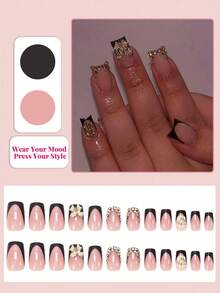 24pcs Rectangular Nail Stickers, Black French Manicure, Gold Rhinestone Bow Decor, Luxury Full Coverage, Suitable For Women & Girls Summer Nails, Charming Date, Office, Home Party Nail Art Supplies - Black - View 2