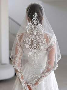 1pc Pearl Trim Lace Embroidered Bridal Veil Headband Mantilla Veil With Floral Scroll For Wedding - Off White - View 4