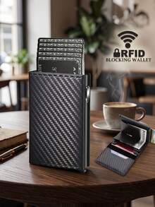 Carbon Fiber Men's Ultra-Thin Wallet - RFID Blocking Minimalist Front Pocket Credit Card Holder With Automatic Card Ejection And Cash Clip, Wallet, Card Holder, Photocard Holder, Purse - Multicolor - View 3