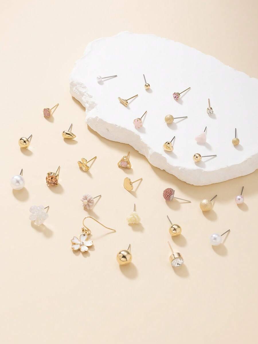 30 Pairs Cute Stud Earrings Set, Heart Flower Water Drop Multi-Element Earrings, Suitable For Women's Daily Wear, Travel, Jewelry Holiday Gift - Multicolor - View 1