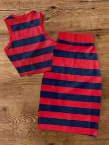 UREREM Women's Striped Colorblock Casual Elegant Party Ribbed Slit Beach Tank Dress 2 Pieces Set, Knitted Fabric 200g Slim Fit Summer Style - Red and Blue Stripes - View 3
