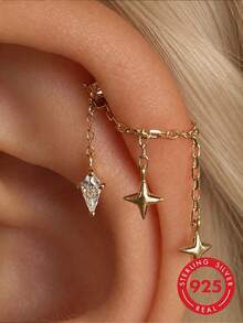 EleRunis 1pc 925 Sterling Silver Star Pendant Ear Cartilage Chain Earrings, Marquise Shape Spiral Piercing Fine Jewelry, Suitable For Daily Wear & Party - Gold - View 1
