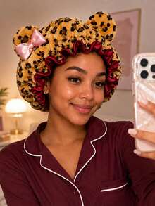 Leopard Print Plush 3D Cat Ear Bow Headband Cap, Quick-Drying Soft Sleep Cap, Suitable For Daily Nighttime Hair Care - Multicolor - View 7