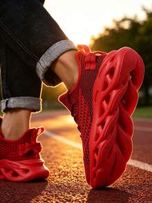 1 Pair Red Lightweight Breathable Mesh Sock Shoes With Hollow Blade Sole, Casual Versatile - Red - View 3
