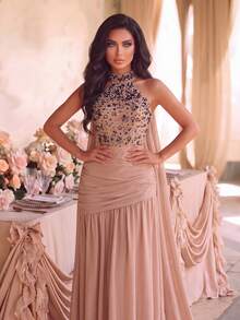 Romantic Women's Long Dress, Sleeveless Halter Neck Design, Embellished With Sequins And Pearl Details, Fitted Waist, Suitable For Special Occasions - Champagne - View 3