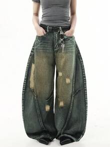 Hearty Haven 1pc American Vintage Distressed Loose Drape Ripped Denim Wide Leg Jeans Men's Curved Leg Pants Personalized Street Casual Loose Long Pants - No Belt And Accessories - Blue - View 4