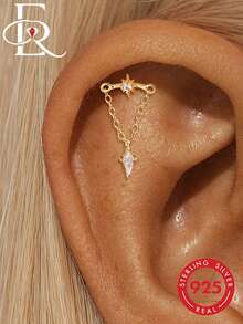 EleRunis 1pc 925 Sterling Silver Star & Moon Tassel Flat Back Cartilage Conch Spiral Piercing Earring, Punk Tattoo Medieval Style, Delicate Jewelry For Daily Wear And Wedding - Gold - View 11