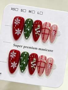 10pcs Handmade Oval Press-On Nails, Soft Christmas Luxury Style, Cream Color Embossed Sweater Texture, Pearl Christmas Tree And Gold Metal Rhinestone Pattern, Suitable For Women And Girls, Spring Autumn Winter Summer Holiday Party And Daily Use - Multicolor - View 2