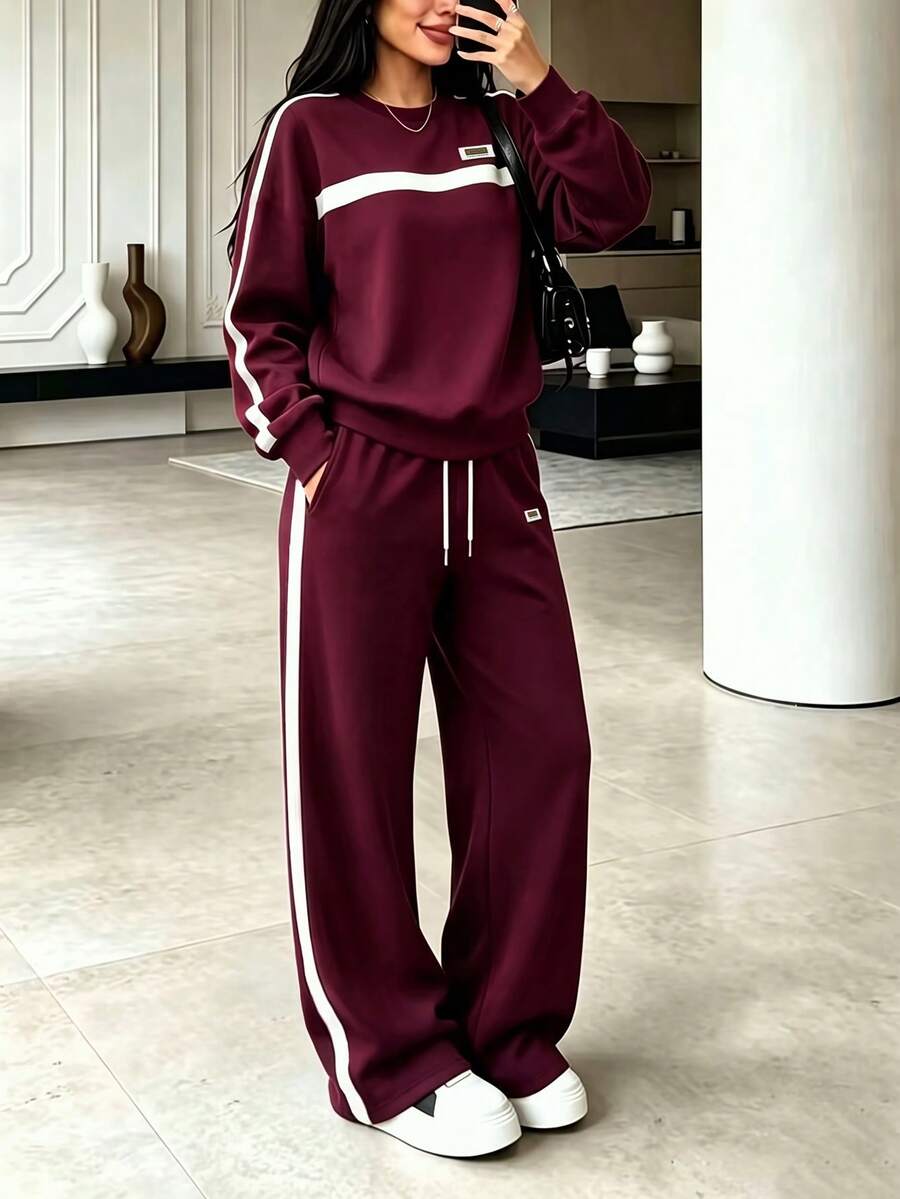 Spring/Autumn Casual Fashion Commuter Set For Women, Versatile Contrast Color Top With Striped High Waist Drawstring Loose Straight Leg Pants Elegant - Burgundy - View 1