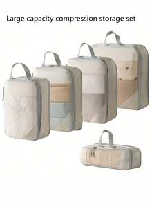 5Pieces Compression Packing Cubes For Suitcases,Space-Saving, Travel Essentials,Portable,Lightweight,Durable,Stylish For Home,For Outdoor,Road Trip - Beige - View 5