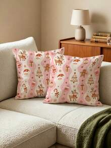 shangxia 2PCS--Pink Wavy Pattern Printed Christmas Pillow Covers, Santa Claus Reindeer Gingerbread Man Pattern Sofa Holiday Cushion Covers-- (Pillow Inserts Not Included) - Multicolor - View 2