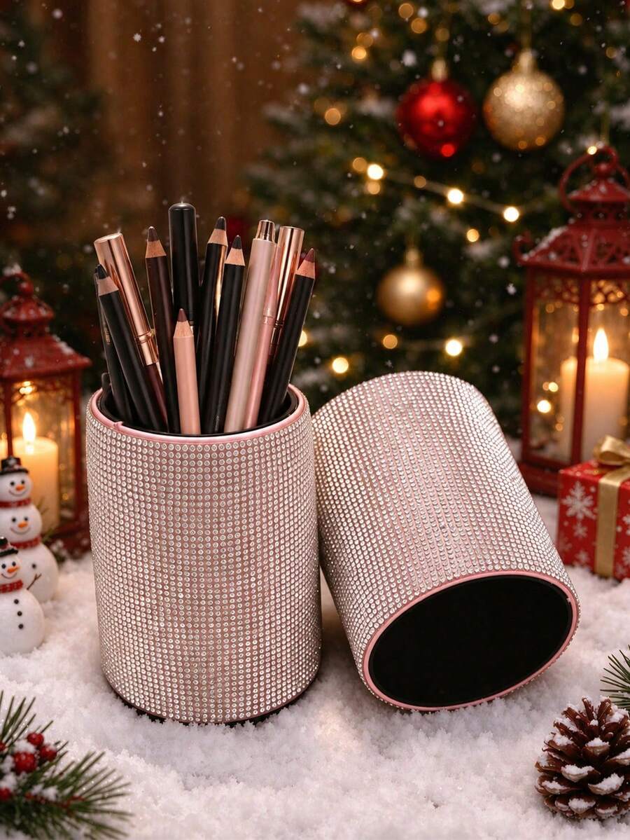 1pc Luxury Rhinestone Cylindrical Makeup Brush Holder, Sparkling Crystal Vanity Cosmetic Storage Bucket, Desktop Makeup Organizer, Christmas Tabletop Decor, Women's Christmas Gift, Large Capacity Dust-Proof Makeup Brush Storage Container, Suitable For Vanity, Bathroom And Home Decor, Holiday Gift - Multicolor - View 1