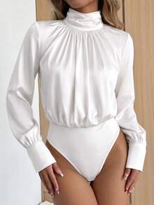 White Satin Ruched Stand Collar Bodysuit Top For Women, Gathered Stand Collar Lantern Long Sleeve Satin Blouse Bodysuit - White - View 4