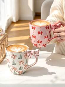 1pc Ceramic Coffee Mug With A 3D Bow Design, Featuring A Bow-Adorned Handle And Decorated With Charming Trees And Bows; A Lovely Tea And Milk Mug, Perfect For Kitchen Table Decor-An Elegant Gift For Girls - Multicolor - View 13
