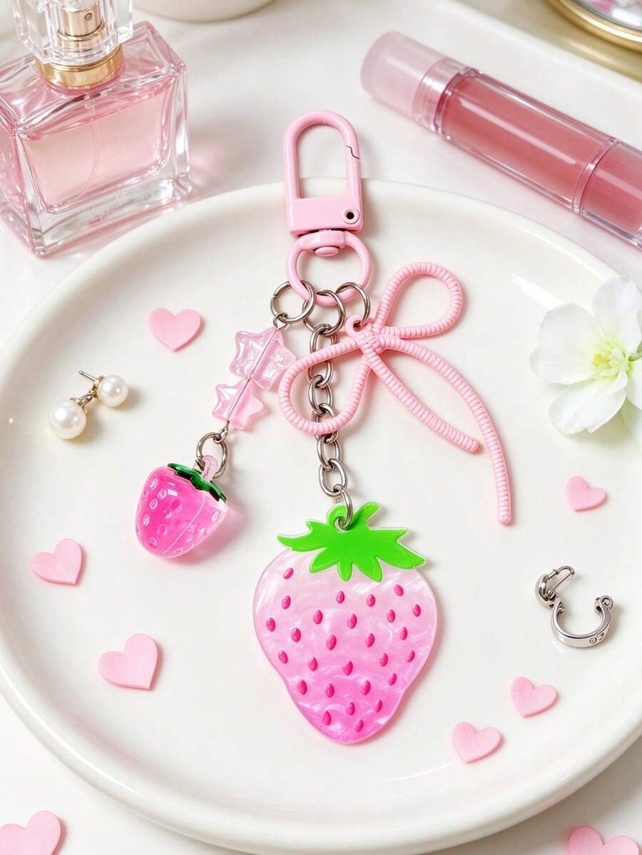 Pink Gradient Acrylic Strawberry Keychain, Pink Rope Knot Bow Pendant, Girly Star Bead Charm, Cute Bag Accessory, Small Gift For Best Friend - Pink - View 1