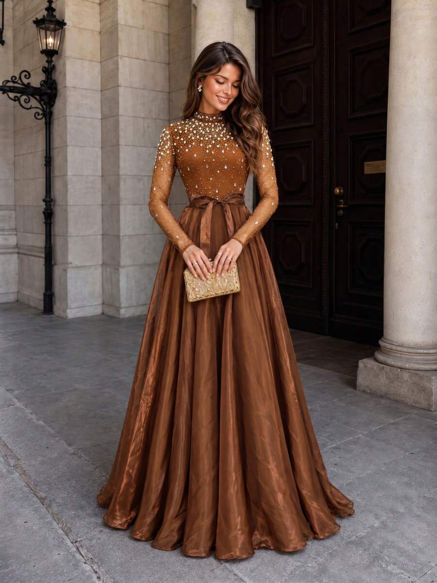 VIPGIRL Brown Evening Dress High Neck Long Sleeve Rhinestone Crystal Beaded Mesh Top Satin Tie Belt A-Line Floor Length Prom Formal Gala Maxi Dress - Khaki - View 1