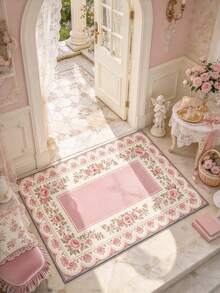 1pc Pink Floral Runner Rug, Thick Plush Carpet, Autumn/Winter Decorative Rug, Bedroom Decor, Home Decor, Living Room Rug, Washable Carpet, Christmas Gift - Multicolor - View 4