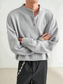 1 buah Sweater Rajut Lengan Panjang Kancing Leher Henley Abu-abu Pria, Sweater Pullover Musim Gugur/Dingin Terbaru, Gaya Kasual Minimalis, Cocok untuk Perjalanan Sehari-hari dan Kerja - Grey - View 11