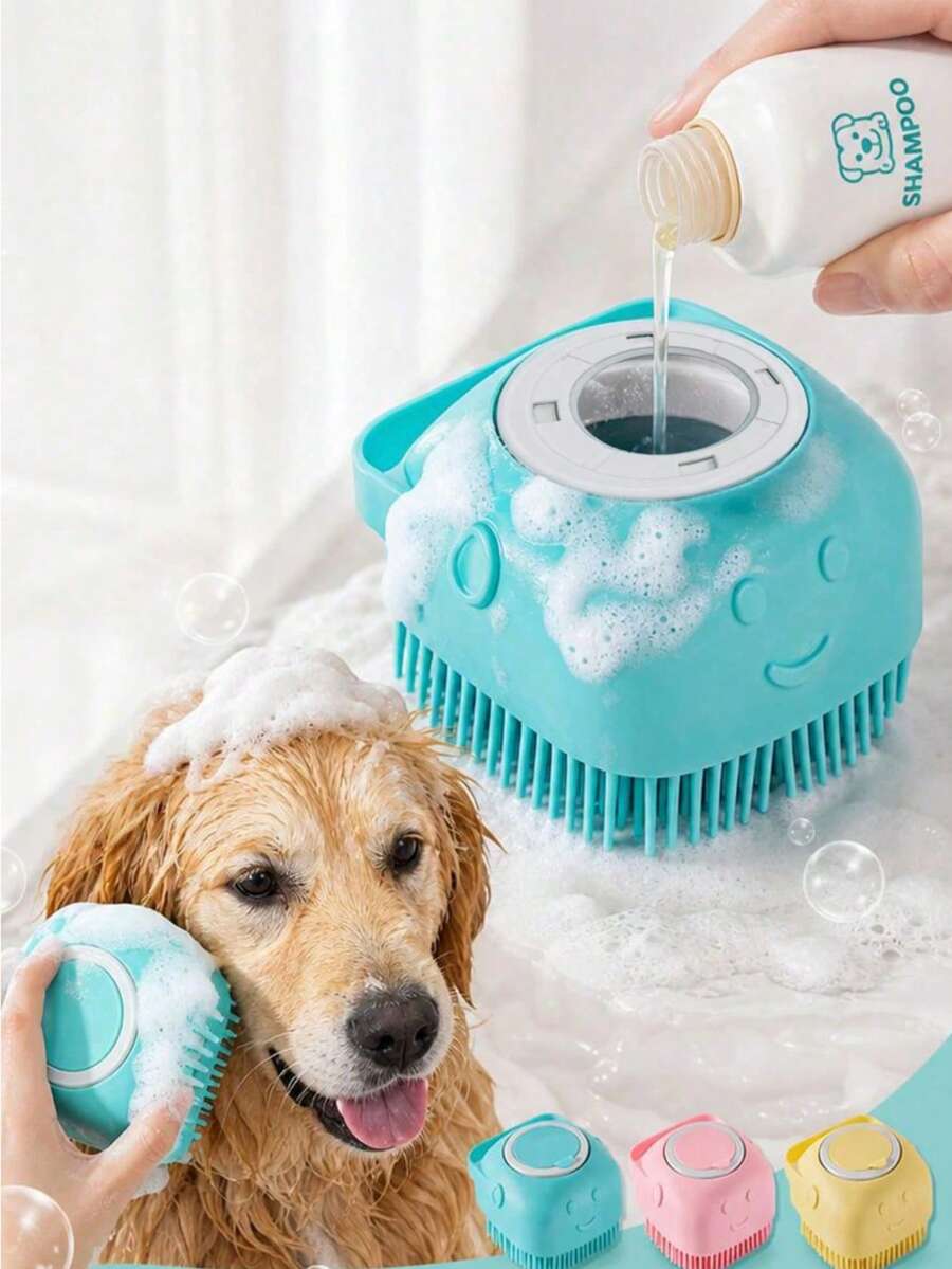 1pc Pet Bath Brush, Made Of Soft Silicone Material, Built-In Shampoo Storage Container, Equipped With Massage Bristles, Hand Strap Design, Gentle Cleaning And Grooming Scrubber Designed For Pet Owners, Suitable For Dogs And Cats, Puppies And Kittens Bathing And Washing, Deeply Cleans Fur And Cares For Skin Grooming Tool
