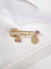 1pc Gold Rhinestone Safety Pin Brooch With Fatima's Hand And Arabic Calligraphy Pendant, Pink Crystal Lapel Pin, Women's Good Luck Amulet Jewelry - Multicolor - View 4