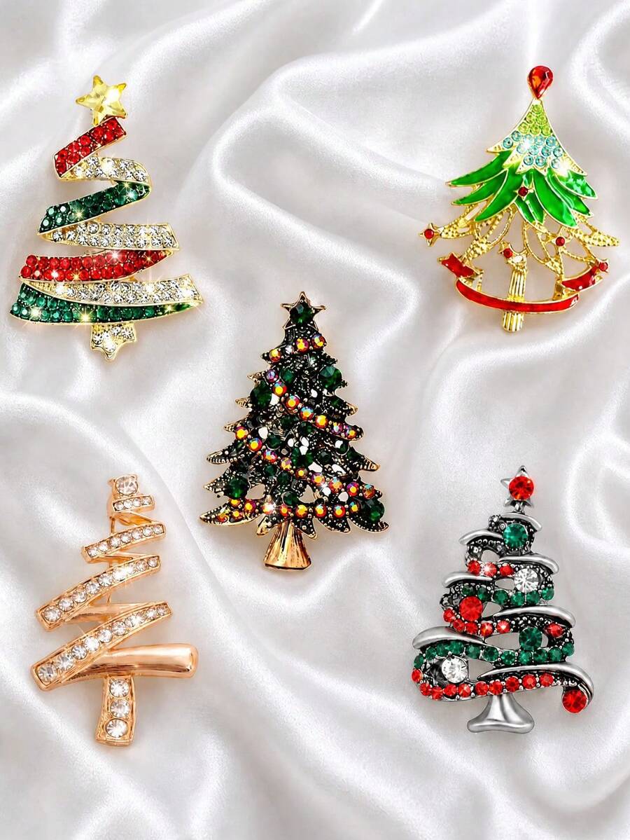 5pcs Christmas Tree Brooch Set, Multiple Rhinestone Christmas Tree Style Combinations, Holiday Atmosphere Lapel Accessories, Coat Sweater Jacket Holiday Decoration Small Items - 5pcs - View 1