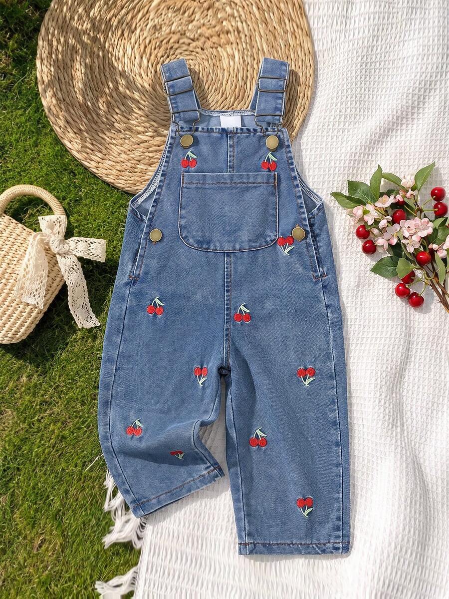 Baby Girls Denim Overalls Long Pants, Sweet Cherry Embroidery, Vintage Casual Daily Wear, Soft Denim Fabric, Loose Straight Leg, Spring & Autumn