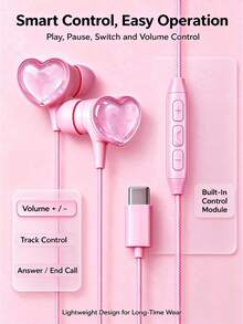 1pc Pink Heart-Shaped Flashing Wired Headset, Fully Compatible With Type-C/3.5MM, Full In-Ear DIY Cute Accessories, Built-In Volume Control And Microphone, High-Definition Call Mobile Phone Headset, Cute Gift, Suitable For Music, Learning And Games - View 5