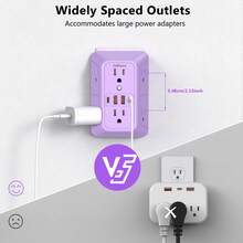 Outlet Extender, Surge Protector Outlet With 6-Multi Plug Outlet And 4 USB Ports(2 USB C), 3-Sided Power Strip Wall Charger, Multiple-Plug Outlet Splitter For Home Travel Office - Purple - View 8