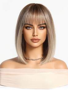 12 Inch Platinum Blonde Straight Bob Wig With Bangs, Shoulder Length Smooth Synthetic Fiber Women's Wig, Heat Resistant Natural Fashion, Suitable For Daily Wear, Date, Party, Cosplay, Halloween Costume - Multicolor - View 3